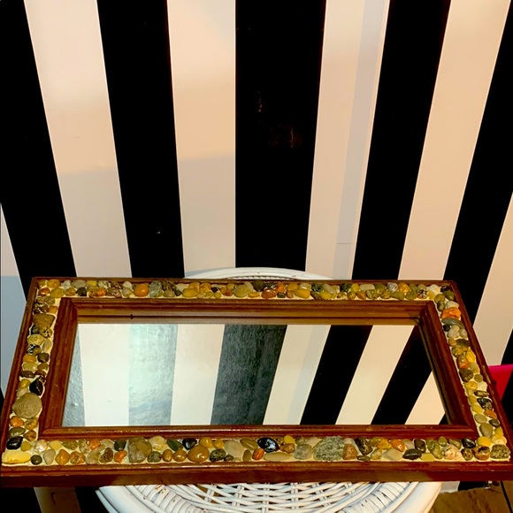 Handmade Other - Vintage Handmade Rectangular Wood Mirror with Stone Border For Wall or Shelf